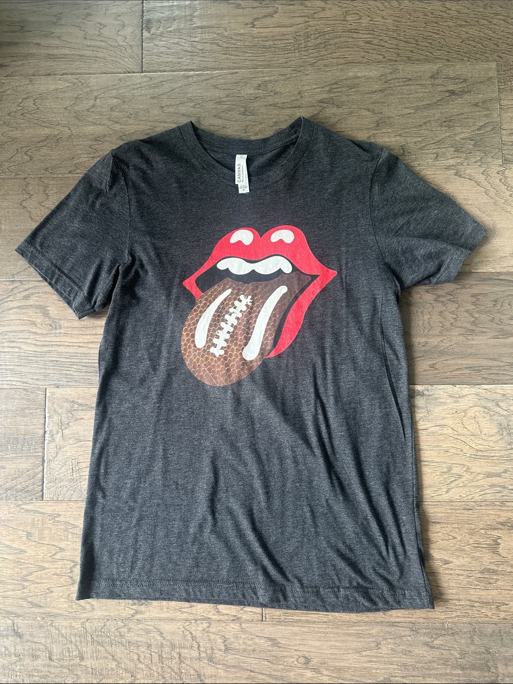 Bella Canvas Charcoal Tee with Rolling Stones football graphic